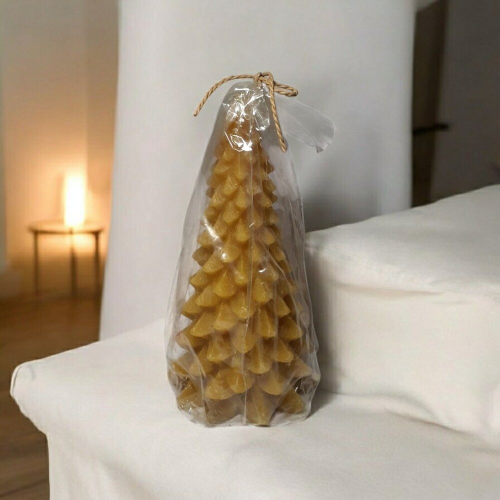 Vintage Christmas Tree Wax Candle Off White Golden Cream Rare Color 8.5"